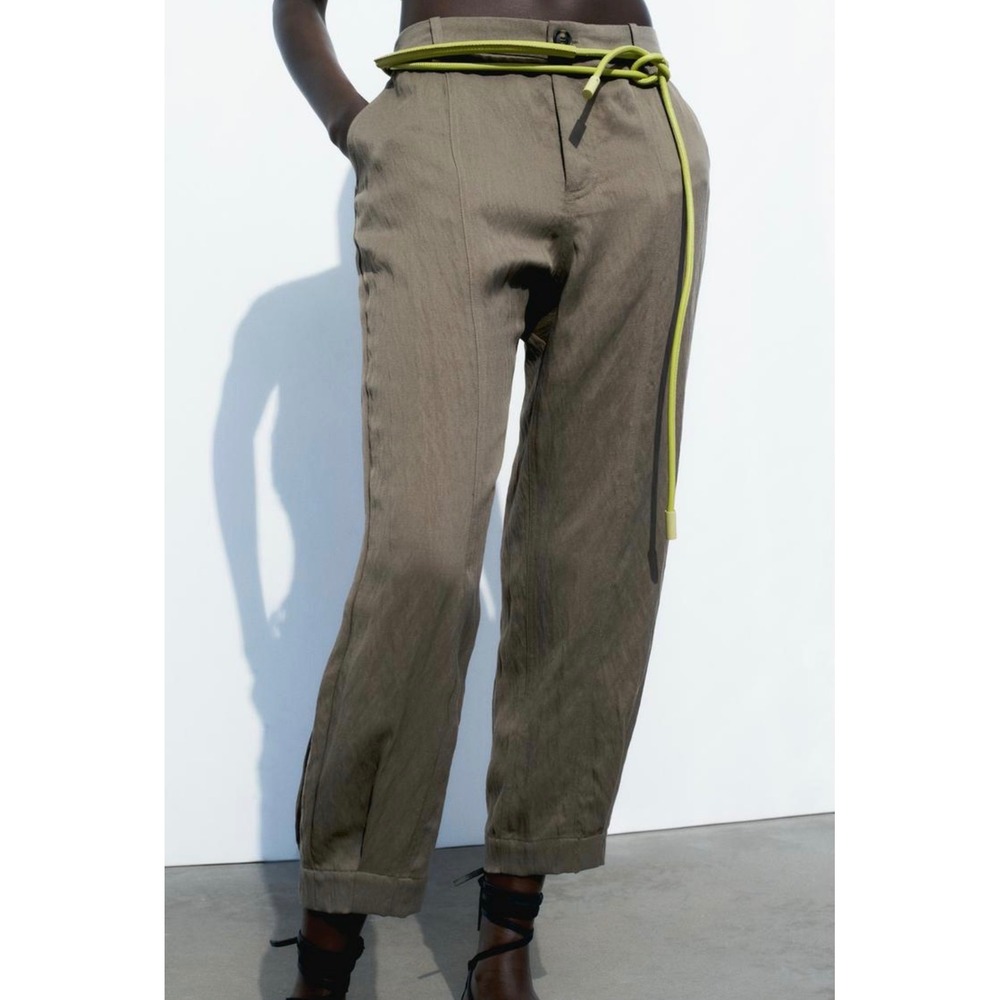 Zara Washed Green Khaki Straight Cropped Elastic Waist Pants Small 26